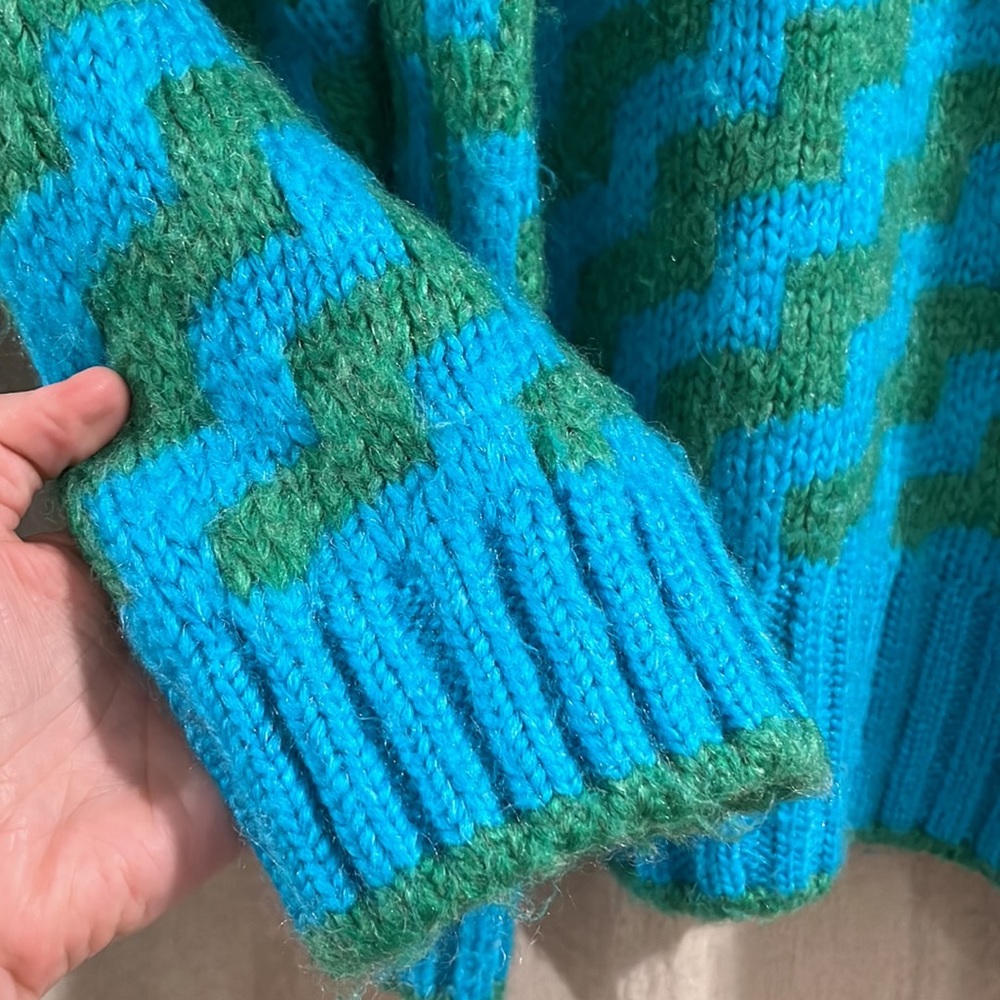 Mango MNG • bright blue green oversized striped knit sweater - Picture 5 of 11